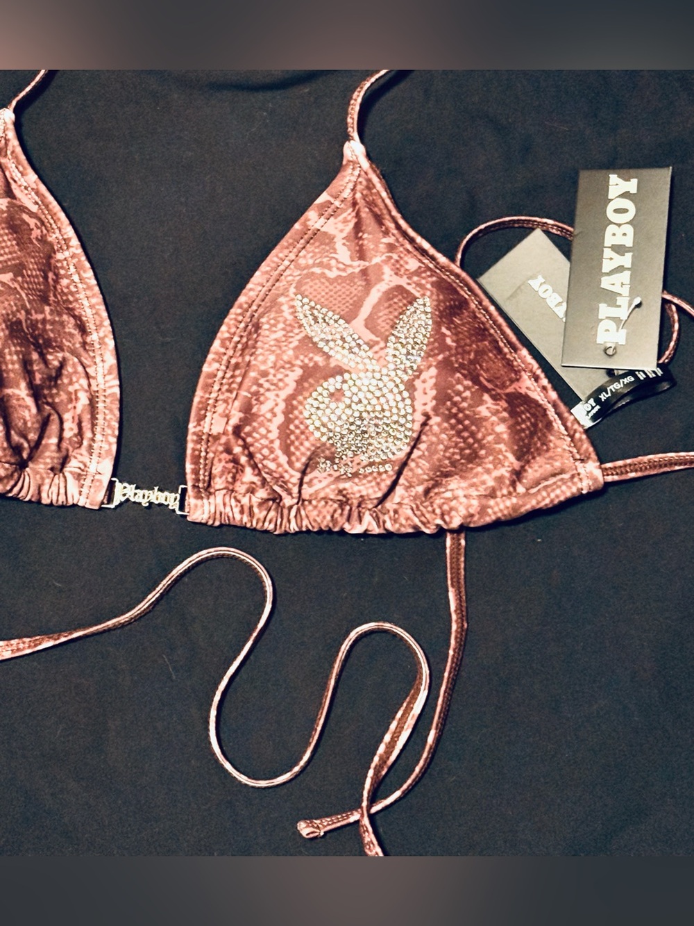 Playboy Snakeskin Pattern Rhinestone Bikini Top - Picture 3 of 8